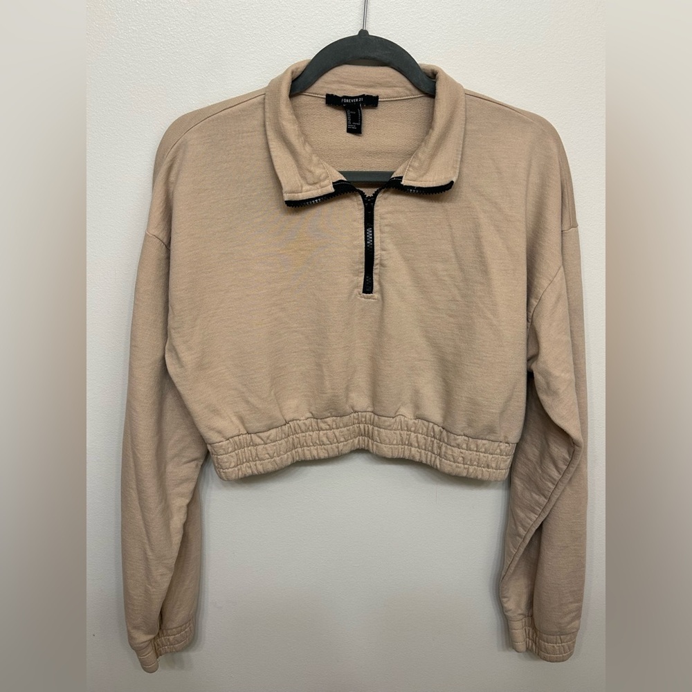 Forever 21 Tan Cropped Half-Zip Pullover Sweatshirt Size Large